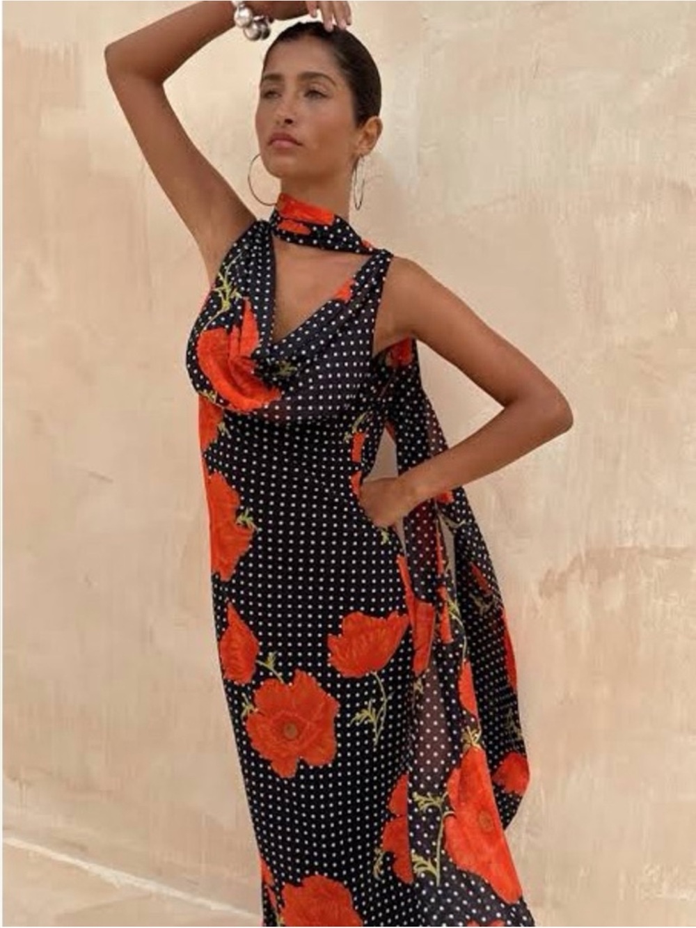 Never Fully Dressed Black Polka Dot Dress with Red Floral Print
